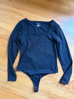 Nuuds Square Neck Bodysuit Long Sleeve Thong Black Size L Stretch Minimalist